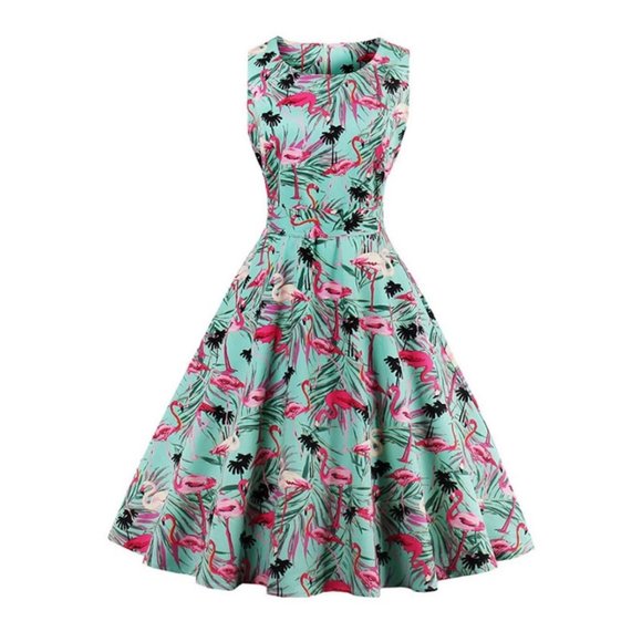 Dresses & Skirts - Flamingo Print Sleeveless Fit and Flare Dress S